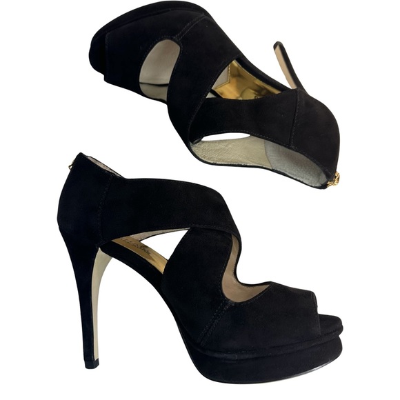 Michael Kors Women’s Elena Cross Strap Black Platform Heel In Black Suede Size:6 - Picture 10 of 16